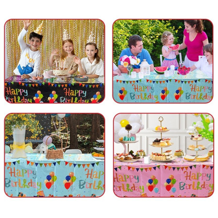 Fata de Masa, Cyrax, din Folie, Imprimeu Happy Birthday cu Baloane, 137 x 274 cm, Negru