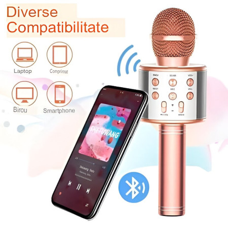 Microfon Karaoke, Cyrax, pentru Copii, Bluetooth, Boxa Incorporata, Compatibil cu Orice Smartphone, Acumulator Integrat, Multifunctional, Rose Gold