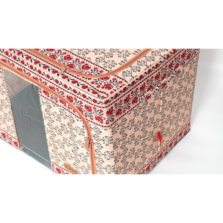 Cutie de Depozitare Pliabila, 100 L din Bumbac si In, 60X42X40 cm, Fereastra Frontala, 2 Usi de Acces cu Fermoar Bidirectional, Cadru Metalic, Suport Baza Stabil din Plastic, Motiv Traditional Model 3