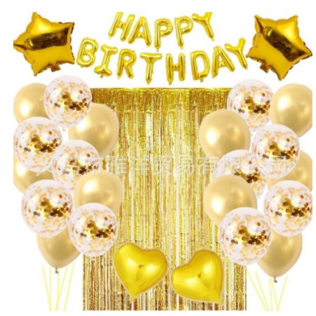 Cyrax Set 24 de baloane folie si latex, 10 baloane latex simple, 10 bloane latex cu paiete, 4 baloane folie, ribon, 1x2 m perdea, Auriu