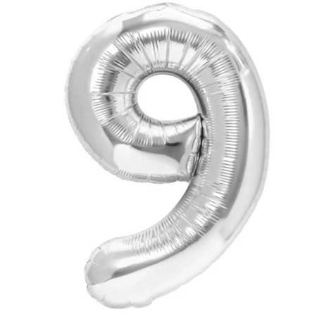 Balon din Folie Metalizata, Cyrax, Figurina Cifra, Tema Aniversare 80 cm, Ambalaj Individual, Pai inclus, Umflare cu Aer sau Heliu, Argintiu, Cifra 9