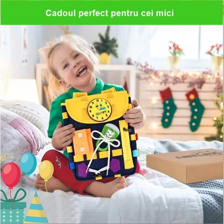 Ghiozdan Montessori, Cyrax, pentru Copii 2-6 ani, Fidget Pop, cu Catarame si Fermoare, Jucarii Senzoriale, Activitate de Invatare prin Joc, Albastru Marin, 0.25 kg, 28x10x23 cm