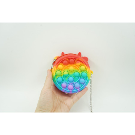 Jucarie antistres din silicon Cyrax, Pop it Now and Flip It ,Mini Geanta, Vacuta, 6 cm, Curcubeu