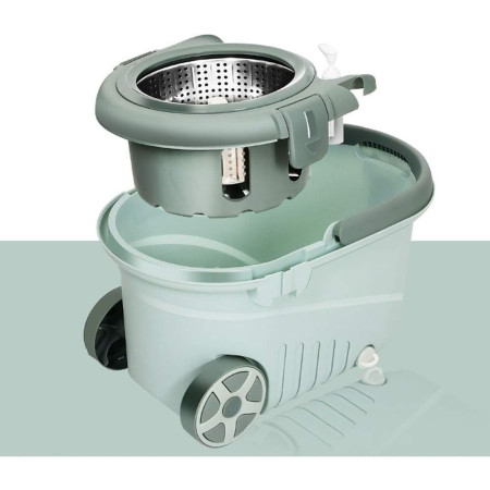 Set mop rotativ cu galeata  material plastic si microfibra, o rezerva inclusa, rezistent, cu dop scurgere, vas detasabil, orificiu pentru solutie, pentru interior, capacitate 8 l, verde