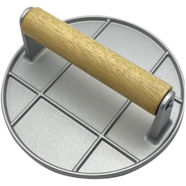 Presa Manuala pentru Carne, Cyrax, din Aliaj de Aluminiu, Maner din Lemn, Presa pentru Burgeri, Usor de Curatat si Folosit, Rotunda, 16x16x6 cm, Gri