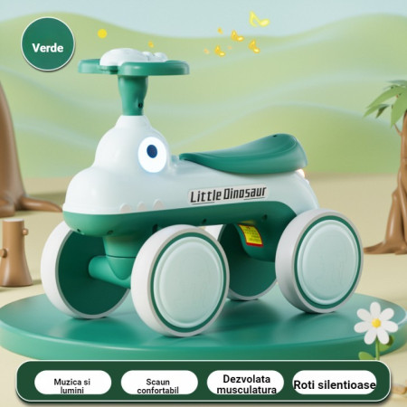 Bicicleta Pentru Copii, Cyrax, Fara Pedale, Cu Patru Roti, Din Plastic Rezistent, Fara BPA, Cu Muzica Si Lumini, Model Dinozaur, 50x27x40 Cm, Verde