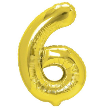 Balon din Folie Metalizata Cyrax, Figurina Cifra, Tema Aniversare 80 cm, Ambalaj Individual, Pai inclus, Umflare cu Aer sau Heliu, Auriu, Cifra 6