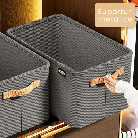 Cutie Depozitare  pentru Haine, lucruri, din Textil cu Cadru Metalic, Manere Laterale, forma Dreptunghiulara, 42 x 28 x 25 cm, volum 29 L, Gri