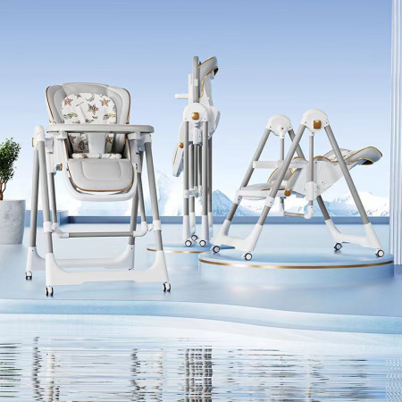 Scaun de Masa 2in1, Cyrax, pentru Copii 6 luni - 4 Ani, Pliabil, cu Roti, Balansoar, Leagan, Reglabil, Tava de Masa Dubla, Centura in 5 Puncte, 96 x 56 x 76 cm, Gri