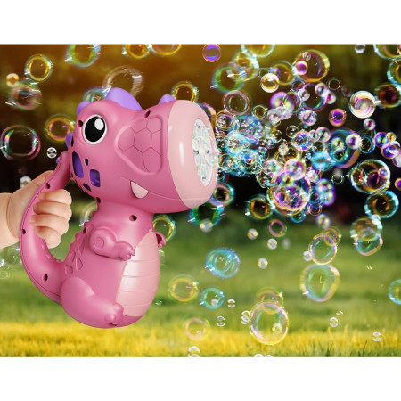 Jucarie Interactiva pentru Baloane de Sapun, Cyrax, Sunete si Lumini, Model Dinozaur, cu 8 Orificii, 15 x 8.5 x 18.5, Roz