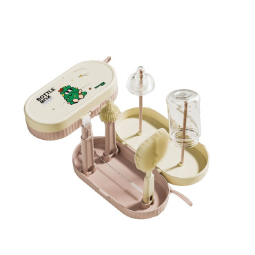 Set 7 Piese de Spalat/Uscat Biberoane, Cyrax, Portabil, Peri de Silicon, pentru Tetine, Suzete, Biberoane, Paie, Cutie Inclusa, 20 x 9.5 cm, Roz