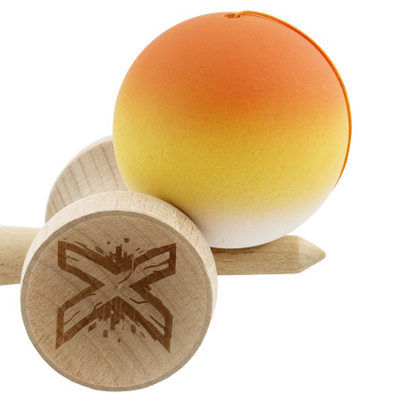 Kendama X Originala, Profesionala, Cyrax, Cupe Mari KING SIZE V3, Rubber Grip, Gaura in Baza, Rulment Metalic, din lemn 18 cm, Ata 62/65 cm, Gradient Portocaliu/Galben/Alb