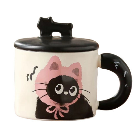 Cana din Ceramica, Cyrax, Model in Cutie pentru Cadou, Cana pentru Ceai, Cafea, Cana Retro Design Capac cu Figurina 3D, 9.5 x 8 x 8 cm, 360 ml, Bej, Print Pisica Roz Negru