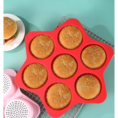 Forme de Silicon pentru Copt, Cyrax, 7 Forme Rotiunde, pentru Burgeri si Prajituri, 38.5 x 4 cm, Rosu
