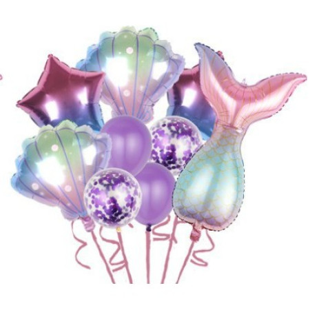 Set baloane aniversare pentru fetita, set din 9 baloane, Cyrax, Tematica Sirene, 5 Baloane Folie, 4 baloane latex, cu stele, Mov gradient