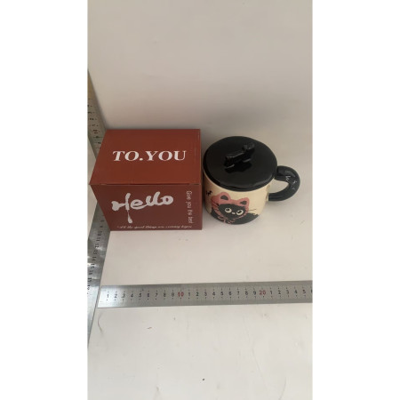 Cana din Ceramica, Cyrax, Model in Cutie pentru Cadou, Cana pentru Ceai, Cafea, Cana Retro Design Capac cu Figurina 3D, 9.5 x 8 x 8 cm, 360 ml, Bej, Print Pisica Roz Negru