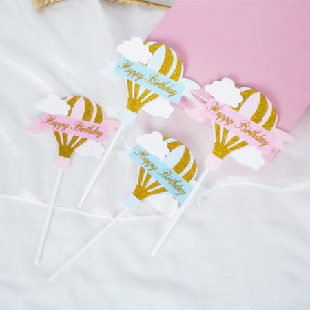 Set 3 Toppere pentru Tort, Cyrax, Model Balon cu Aer Cald Happy Birthday, Tematica Aniversare, Roz