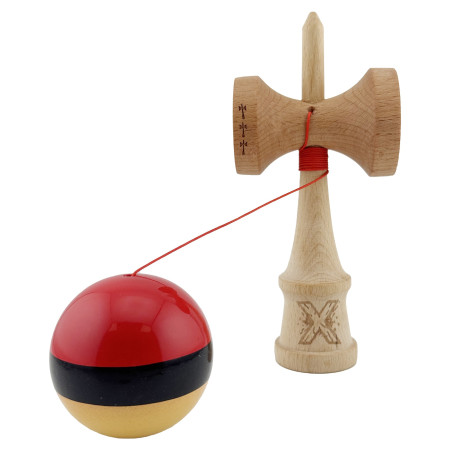 Kendama X Originala, Profesionala, Cyrax, Big Cups V2, Super Sticky cu Cupe Mari, Rulment Metalic, din lemn 18 cm, Ata 55 cm, Rosu/Negru/Galben