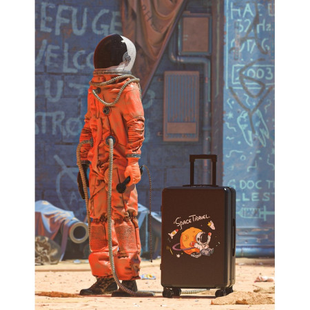 Troler de Calatorie, Cyrax, 56 x 35 x 22 cm, 4 Roti, Maner Reglabil, din ABS, cu Fermoar, Blocare cu Cod, Impermeabil, Model Astronaut, Negru