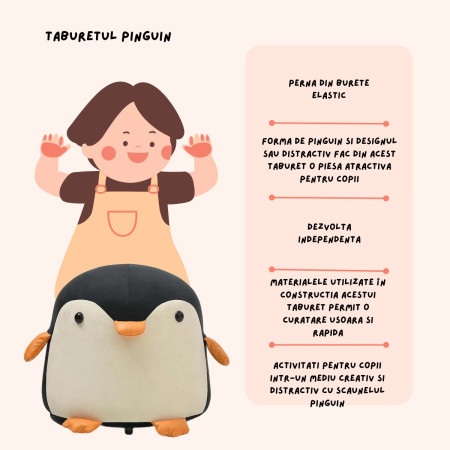 Taburet Pentru Copii, Cyrax, Cadru din Lemn Masiv, 25 x 29 x 29 cm, Perna de Burete Elastica si Maner de Transport, in Forma de Pinguin, Negru