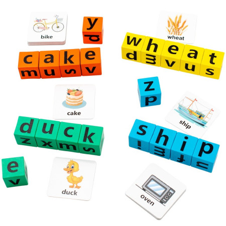 Joc cu Blocuri din Lemn, Cyrax, Formare Cuvinte, Cartonase cu Obiecte si Animale, Clopotel, Joc pentru 4 Persoane, 3 Ani+, 28x15.5x5 cm, Multicolor