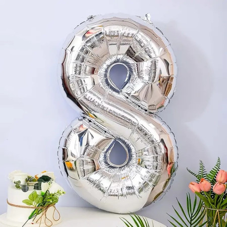 Balon din Folie Cyrax, Cifra 8, 81 cm, Pentru Aer sau Heliu, Bulk, Argintiu