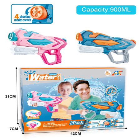 Set 2x Pistol cu Apa pentru Copii, Rezervor, Pentru Piscina/Plaja, Cyrax, 6ani+, Roz + Albastru, 4 duze, 900 ML