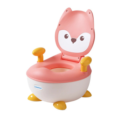 Olita pentru Copii, Cyrax, +6 luni, Compartiment Detasabil, cu Capac, Antiderapanta, din Plastic, Colac Moale, Model Animat Vulpe, cu Maner, 34.5 x 35 x 23 cm, Roz/Alb