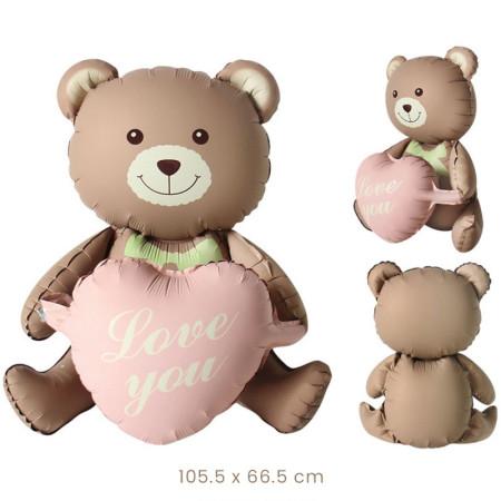 Balon din Folie Metalizata, Cyrax, Figurina Animata, Model Ursulet cu Inimioare, 105.5 x 66.5 cm, Ambalaj Individual, Pai Inclus, Umflare cu Aer sau Heliu, Maro