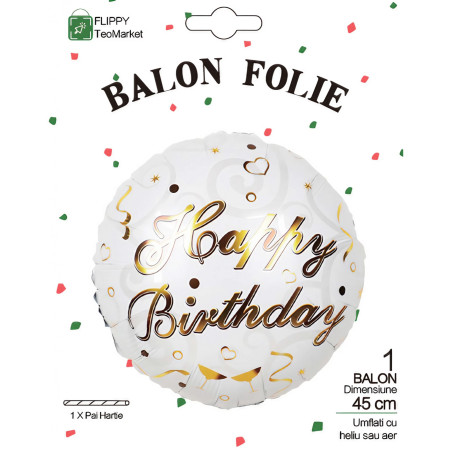 Balon din Folie Metalizata, Cyrax, Mini Figurina Rotunda, Model Happy Birthday, Tema Aniversare, 45 cm, Ambalaj Individual, Pai inclus, Umflare cu Aer sau Heliu, Argintiu