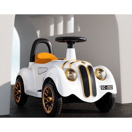 Masinuta Electrica Cyrax, Model de Epoca, cu Acumulator, Sistem Anti-Rasturnare, Sistem de Lumini si Sunet, 1-5 Ani, 75 x 36 x 45 cm, Alb