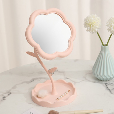 Oglindă de Machiaj pentru Birou, Cyrax, Rotativă, Detasabilă, Model de Floarea Soarelui, Suport pentru Inele, cu Depozitare, Roz