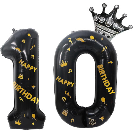 Balon din Folie Metalizata Cyrax, Figurina Cifra si Coroana, Scris Happy Birthday, Tema Aniversare 100 cm, Ambalaj Individual, Pai inclus, Umflare cu Aer sau Heliu, Negru, Cifra 0