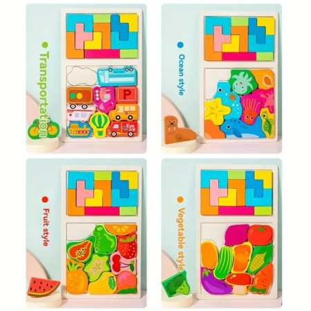 Puzzle Montessori din Lemn pentru Copii, Cyrax, Tip Tetris 2in1, +3 Ani, cu Masini Colorate 3D, Educativ, Intuitiv, Creativ, 21 de Piese, 28.5x17x1.2 cm, Multicolor
