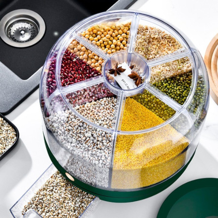 Dozator de cereale Cyrax, rotativ 360, 6 compartimente, capacitate 6 L, rezistent la umezeala, inchidere etansa, verde