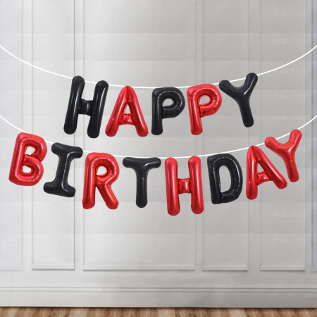 Set Baloane din Folie Metalizata, Cyrax, Model Happy Birthday, Litere de 40 cm, Baloane Party, Ambalaj Individual, Pai, Ata si Adeziv Incluse, Umflare cu Aer sau Heliu, Rosu-Negru
