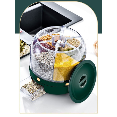 Dozator de cereale Cyrax, rotativ 360, 6 compartimente, capacitate 3 L, rezistent la umezeala, inchidere etansa, verde inchis