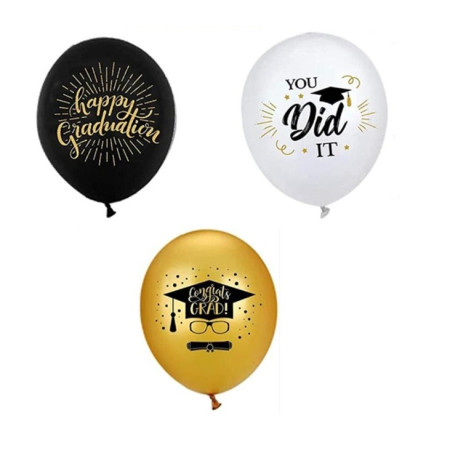 Set 10 Baloane din Latex Metalizate, Cyrax, Model Absolvire, Negru Auriu Alb, 23 cm, 1.4 g