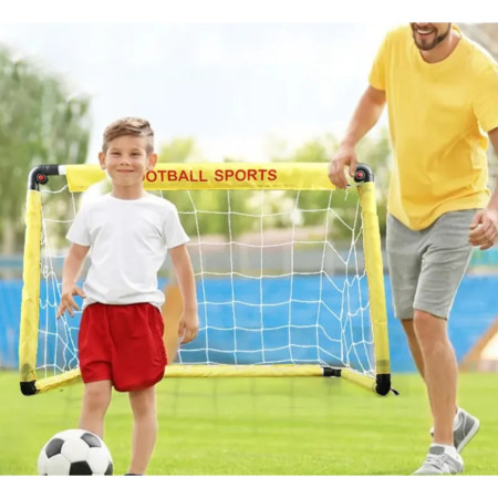 Set Poarta de Fotbal pentru Copii, Cyrax, 60x90 cm, Minge, Cartonase, Pompa, Fluier, Interactiv, Distractiv, Galben