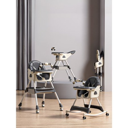 Scaun de Masa pe Roti pentru Copii, Cyrax, 2 Tavite si Husa Detasabile, Multifuncțional, Stabil, Centura de Siguranta, Spatar Reglabil Moale, Balansoar, Cos de Depozitare, de la 6 Luni, Gri