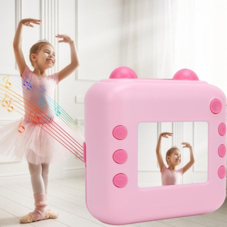 Camera Instantanee pentru Copii, Cyrax, cu Functie de Printare, Cablu USB-C, Bluetooth, compatibil iOS/Android, Imprimare APP, Model Urechi, Snur Subtire Inclus, Roz