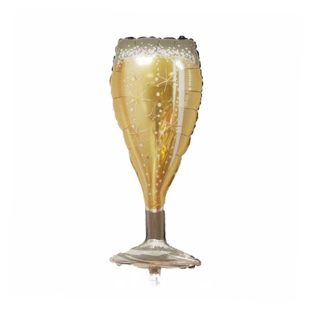 Balon din Folie Metalizata, Cyrax, Figurina Pahar de Sampanie, Tema Aniversare, 100x40 cm, Ambalaj Individual, Pai Inclus, Umflare cu Aer sau Heliu, Auriu