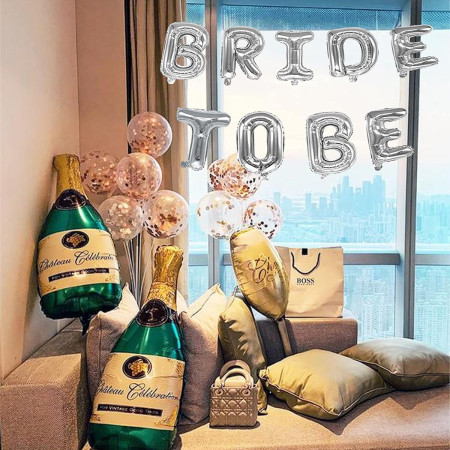 Set Baloane din Folie Metalizata, Cyrax, Model Bride to Be, Litere de 40 cm, Baloane Party, Ambalaj Individual, Pai Inclus, Umflare cu Aer sau Heliu, Argintiu