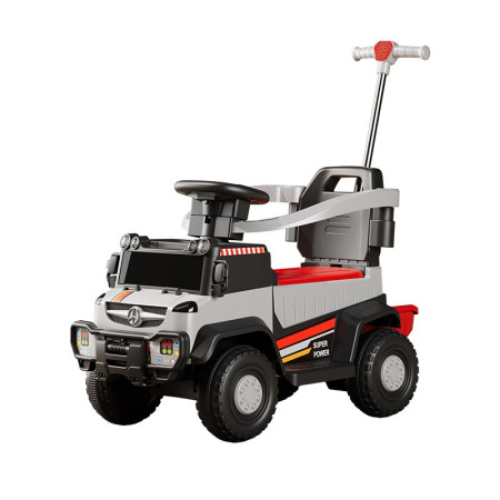 Masinuta Electrica, Cyrax, pe 4 Roti, cu Telecomanda si Maner Detasabil, Cos de Depozitare, Lumini Led si Muzica, +1 an, Greutate Portanta 40 kg, Gri