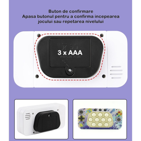 Jucarie interactiva tip consola pentru copii Cyrax, speed push whack-a-mole, joc de viteza pop it, material ABS/silicon, cu nivele, sunete si lumini, 15.5 x 7.6 x 5.3 cm, model culori, multicolor