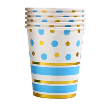 Set 10 Pahare, Cyrax, Imprimeu cu Buline si Dungi, din Carton, 250 ml, 7.5 x 8.5 x 5.2 cm, Albastru/Auriu