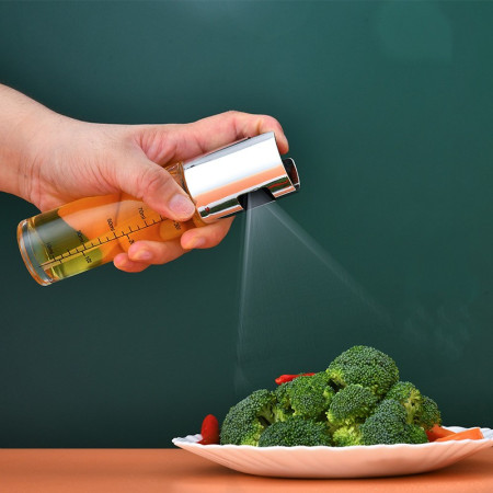 Sticla Pulverizator pentru Bucatariei, Cyrax, Spray pentru Gratar, din Sticla cu Capac din Inox, 18 x 4.2 cm, volum 100 ml, Trasnparenta cu Capac Gri