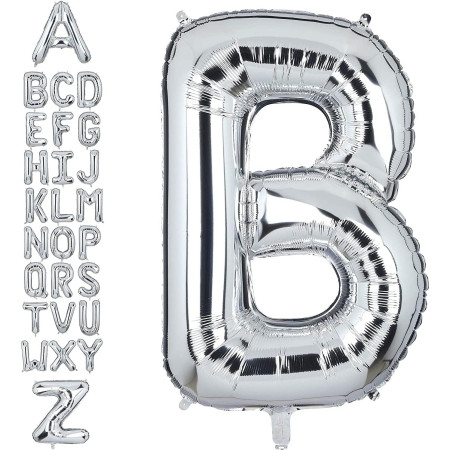Balon Folie Metalizata Litera B, Cyrax, 40 cm, Umflati cu Heliu sau Aer, Ambalaj Individual, Pai inclus, Argintiu