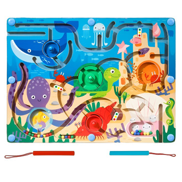 Joc Montessori de Sortare Culori, Cyrax, Creion Magnetic, Tip Labirint Ilustrat, din Lemn, Model Animale Marine, 39x29x1.5 cm