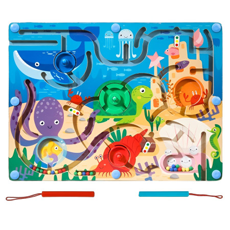 Joc Montessori de Sortare Culori, Cyrax, Creion Magnetic, Tip Labirint Ilustrat, din Lemn, Model Animale Marine, 39x29x1.5 cm